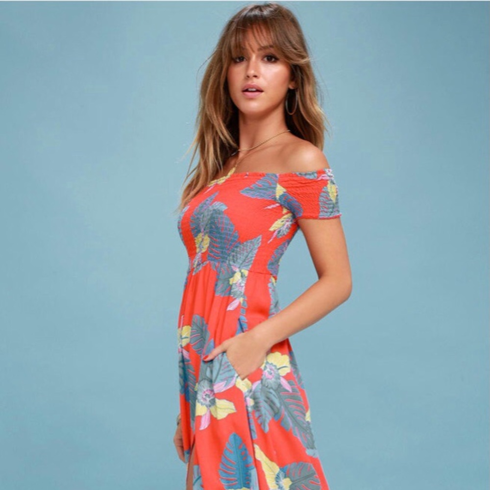Lulus Red Floral Print Off-the-Shoulder Dress